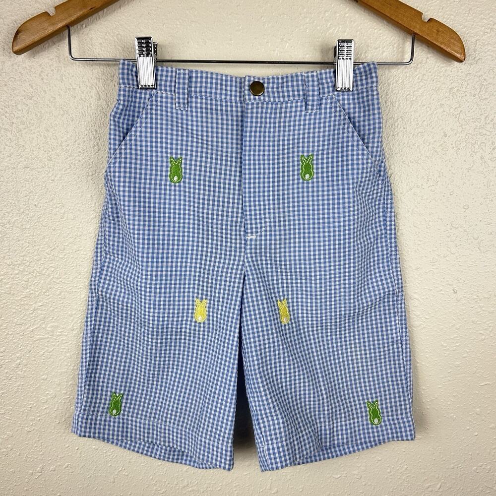 Blue Seersucker Shorts Embroidered Bunnies Boys Size 6 Gingham Easter Spring
